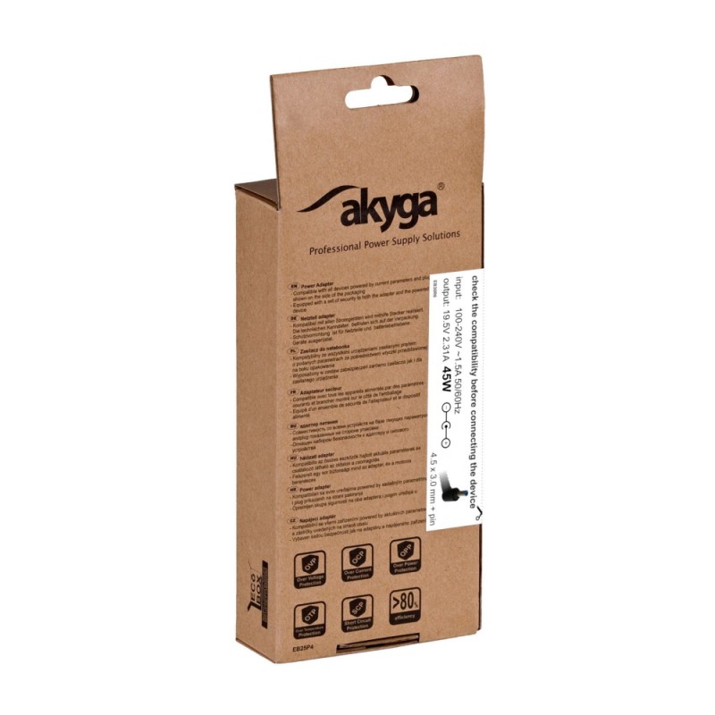 Akyga power supply AK-ND-69 19.5V / 2.31A 45W 4.5 x 3.0 mm + pin HP 1.2m Akyga power supply AK-ND-69 19.5V / 2.31A 45W 4.5 x 3.0 mm + pin HP 1.2m