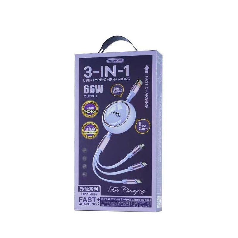 CABLE REMAX LINON SERIES 66W 3IN1 USB-C/MICRO/LIGHTNING RC-C029 PURPLE