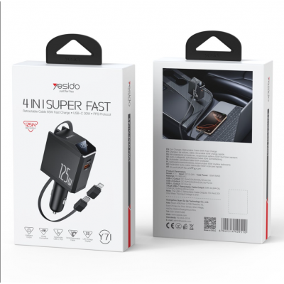 YESIDO CAR CHARGER Y71 125W FAST CHARGING 4in1 LED + C+iP CABLE 65W BLACK