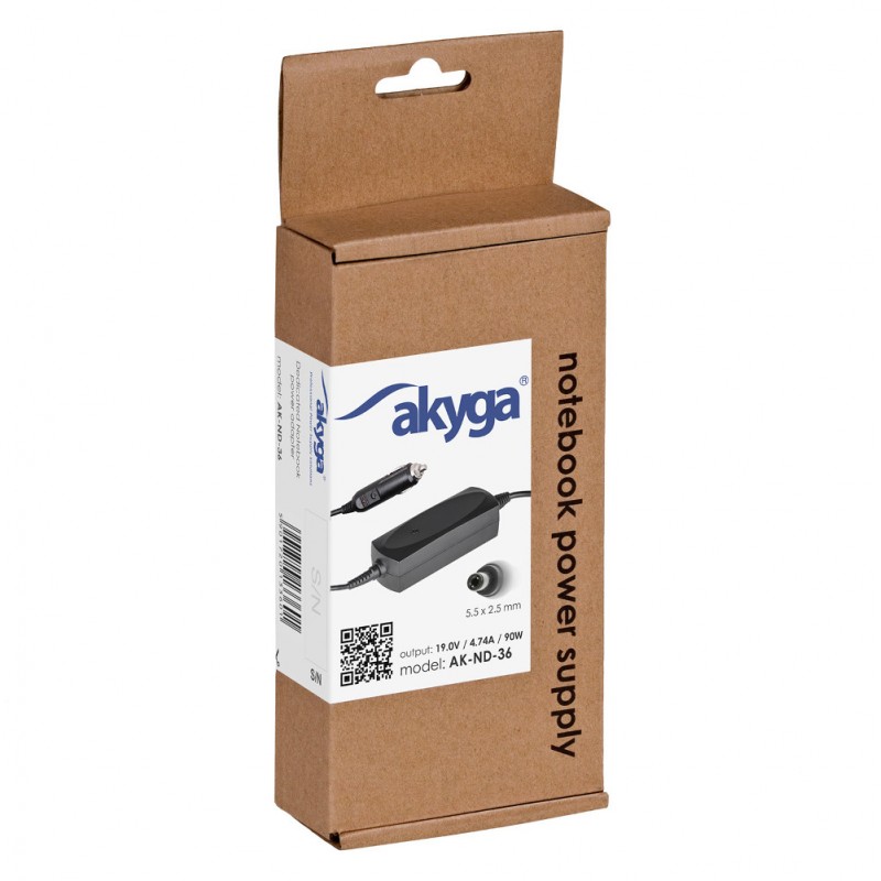 Akyga AK-ND-36 car notebook power supply dedicated for Asus / Toshiba (19 V | 4,74 A | 90 W | 5,5 x 2,5 mm) Akyga AK-ND-36 car notebook power supply dedicated for Asus / Toshiba (19 V | 4,74 A | 90 W | 5,5 x 2,5 mm)
